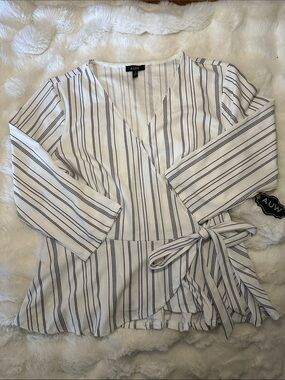 AUW White & Black Striped Wrap Blouse